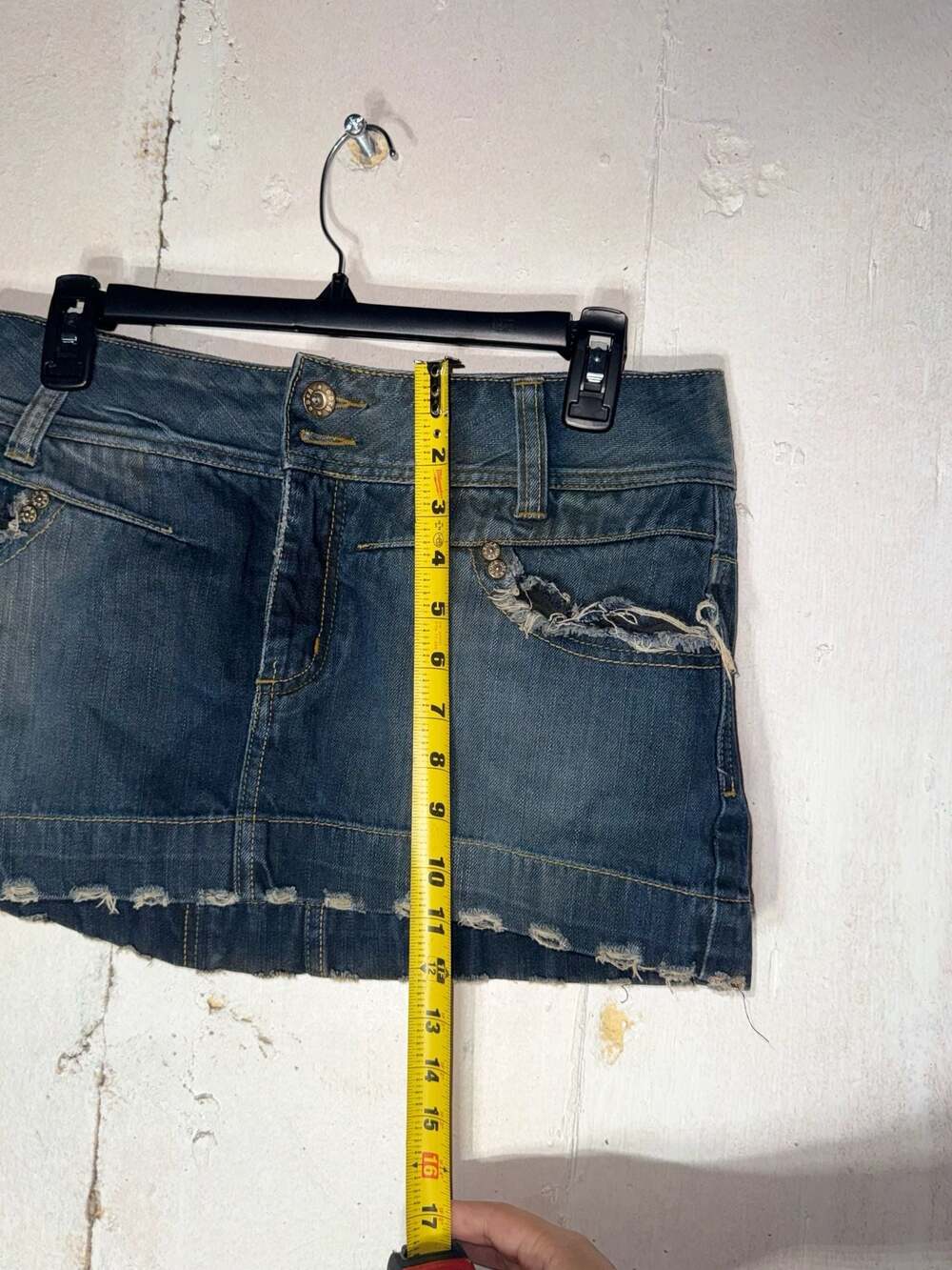 Vintage Y2K OPRK Low Rise Distressed Denim Micro Mini Skirt with Back Patch - Picture 4 of 8